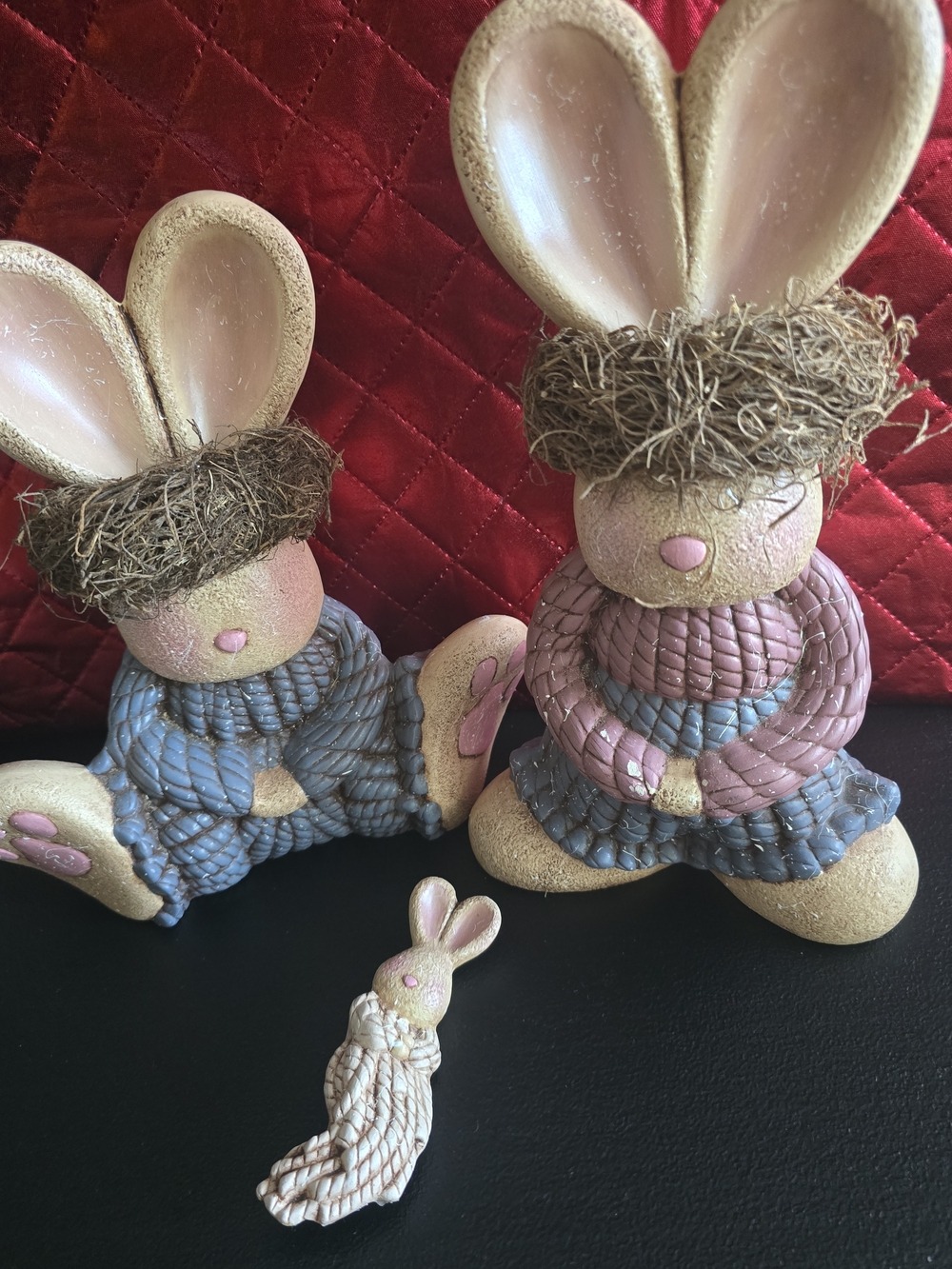 Pink and Blue Ceramic Bunny Figurine Pair with Mini Bunny Accent
